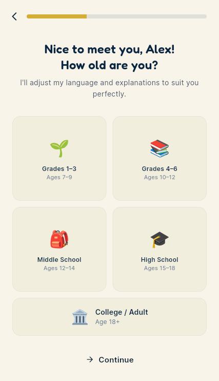 Nice to meet you, Alex! How old are you? — levels from Grades 1–3 to College / Adult